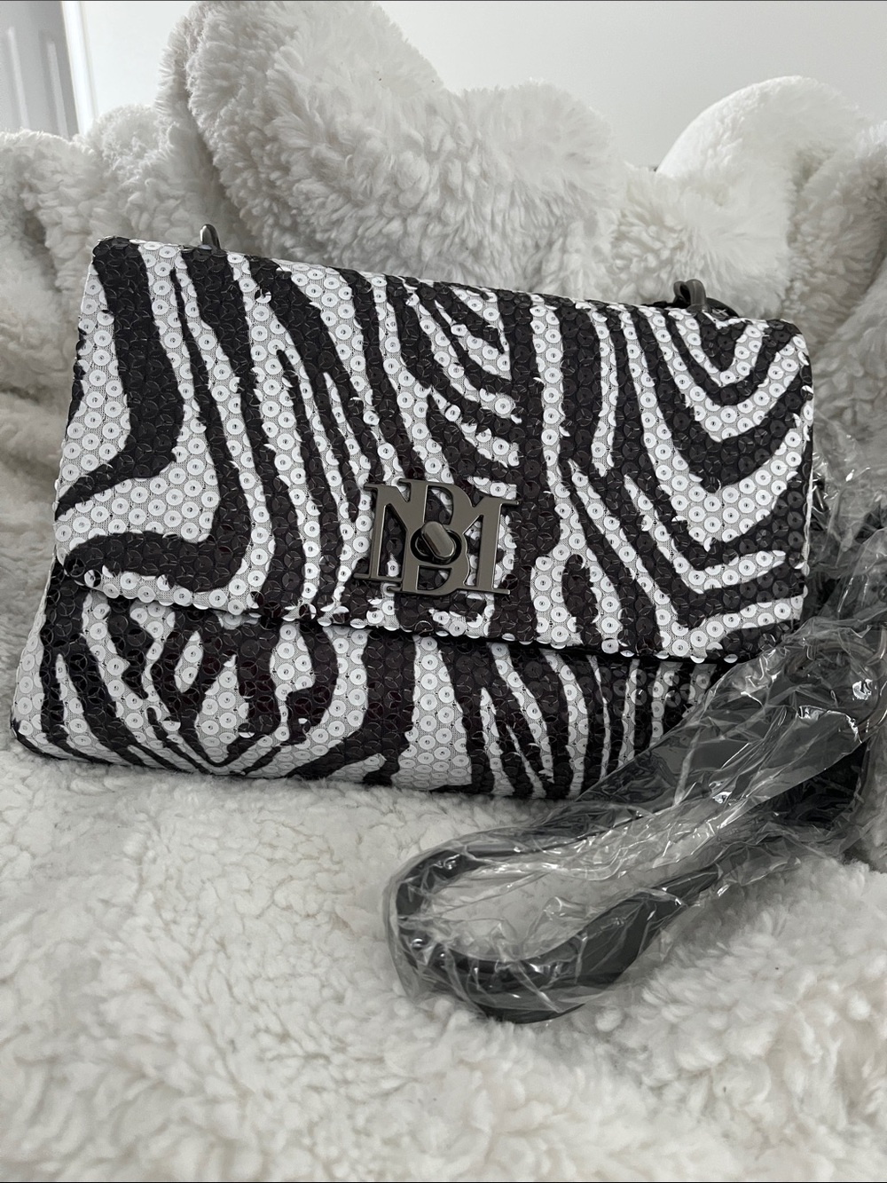 BADGLEY MISCHKA Black & White Zebra Sequin Shoulder Bag - Designer Metal Logo